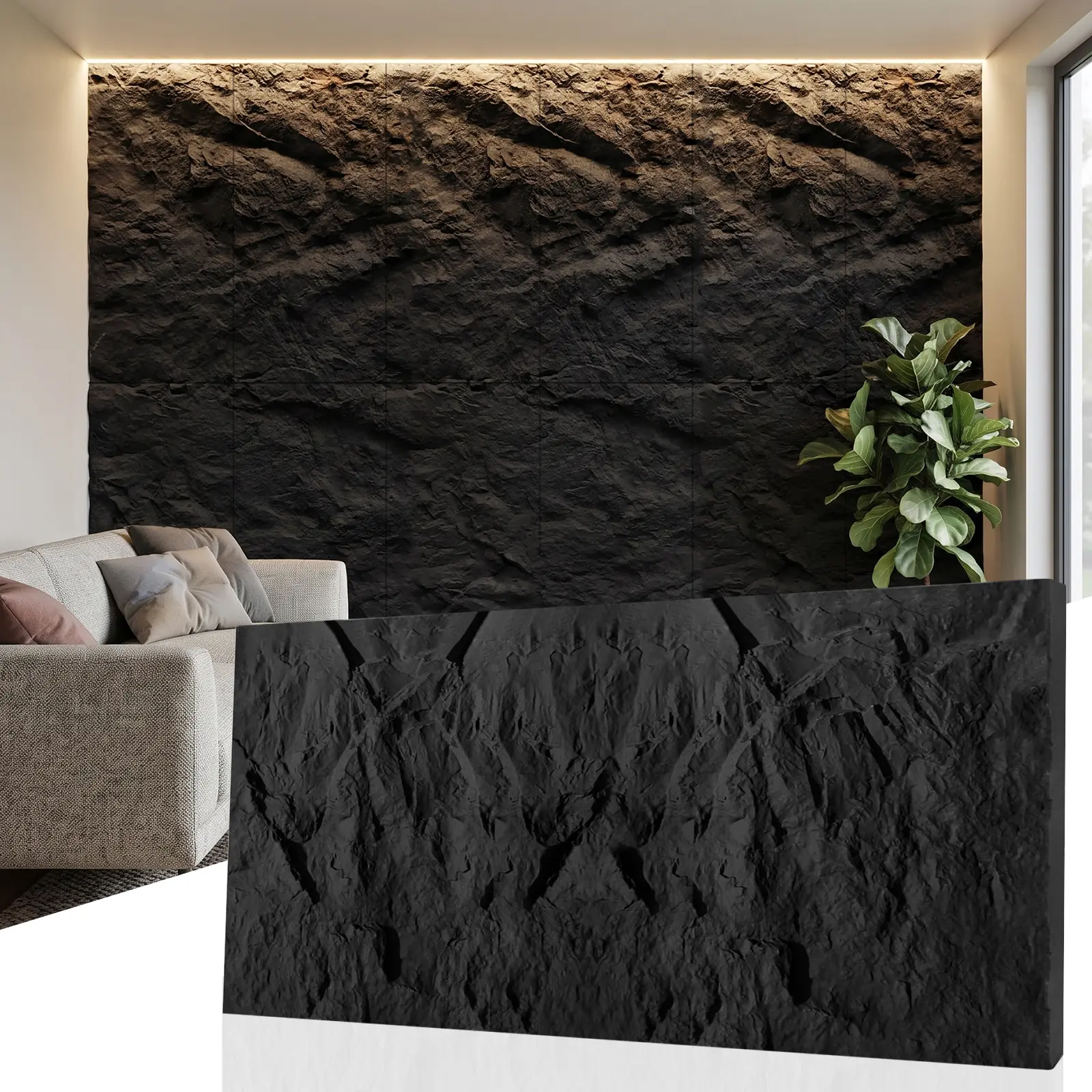 LOOYEE 6PCS Faux Stone 3D Wall Panels Black 47.2x23.6 Inch Cement Texture Thicker Design PU Wainscoting Panel Office Accent Wall