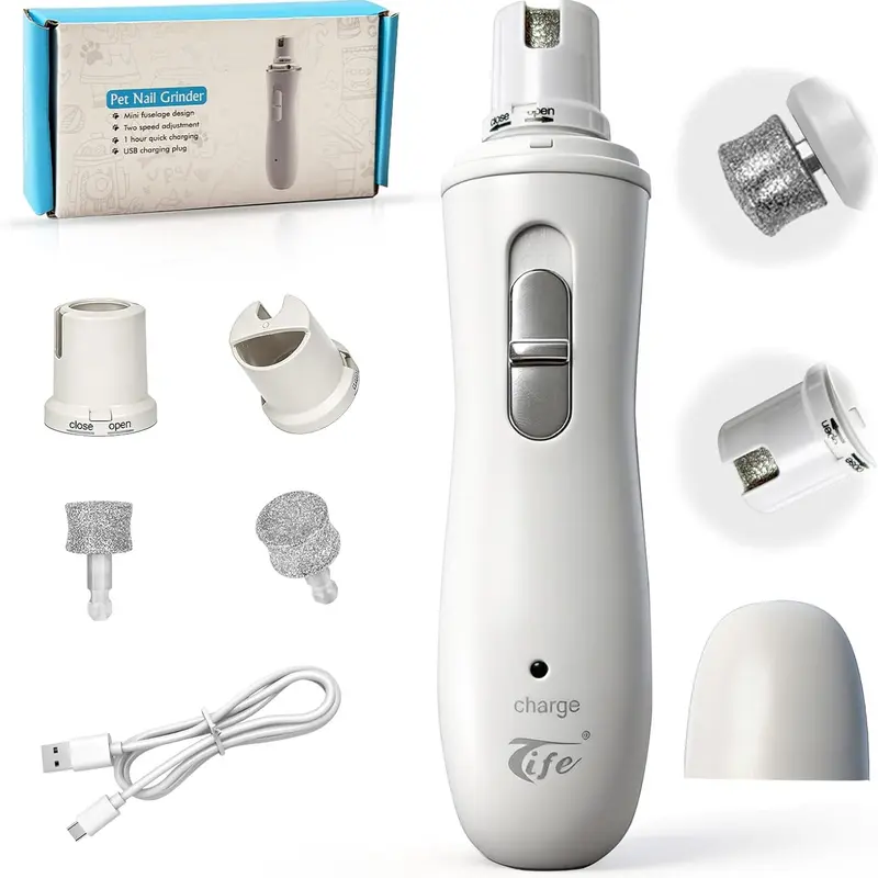Tife Wireless Pet Nail Grinder - Plastic+Metal, 2 Speed Settings, 100g Rechargeable Electric Paw Trimmer with 3 Grinding Ports, Quiet Low-Vibration Grooming Supplies for Dogs & Cats (Pain-Free Trim)