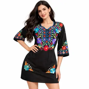 Berenice Women's Half Sleeve Embroidered Floral Design Dress Mexican Cotton Casual Elegant Mid-Thigh Length Adjustable Fit Vestido Mexicano Bordado