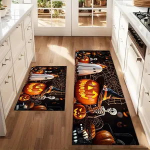 2Pcs Halloween Terrifying Pumpkin Ghosts Skeleton Dead Branches Spider Web Floor Mat Set Farmhouse Kitchen Carpet Restaurant Floor Laundry Room Decor Carpet Mat, Home Decor Rugs, Decorative Rug