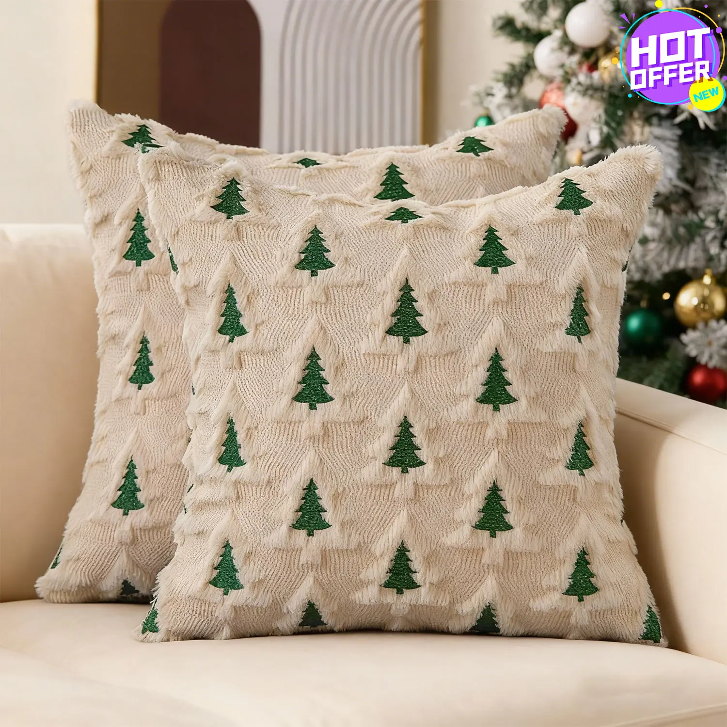 2 Pack of Christmas Pillow Covers 18x18 White and Green Xmas Tree Pillow Covers Soft Plush Faux Fur Christmas Decorations for Xmas Winter Holiday Home Bedroom Sofa Cushion Cases
