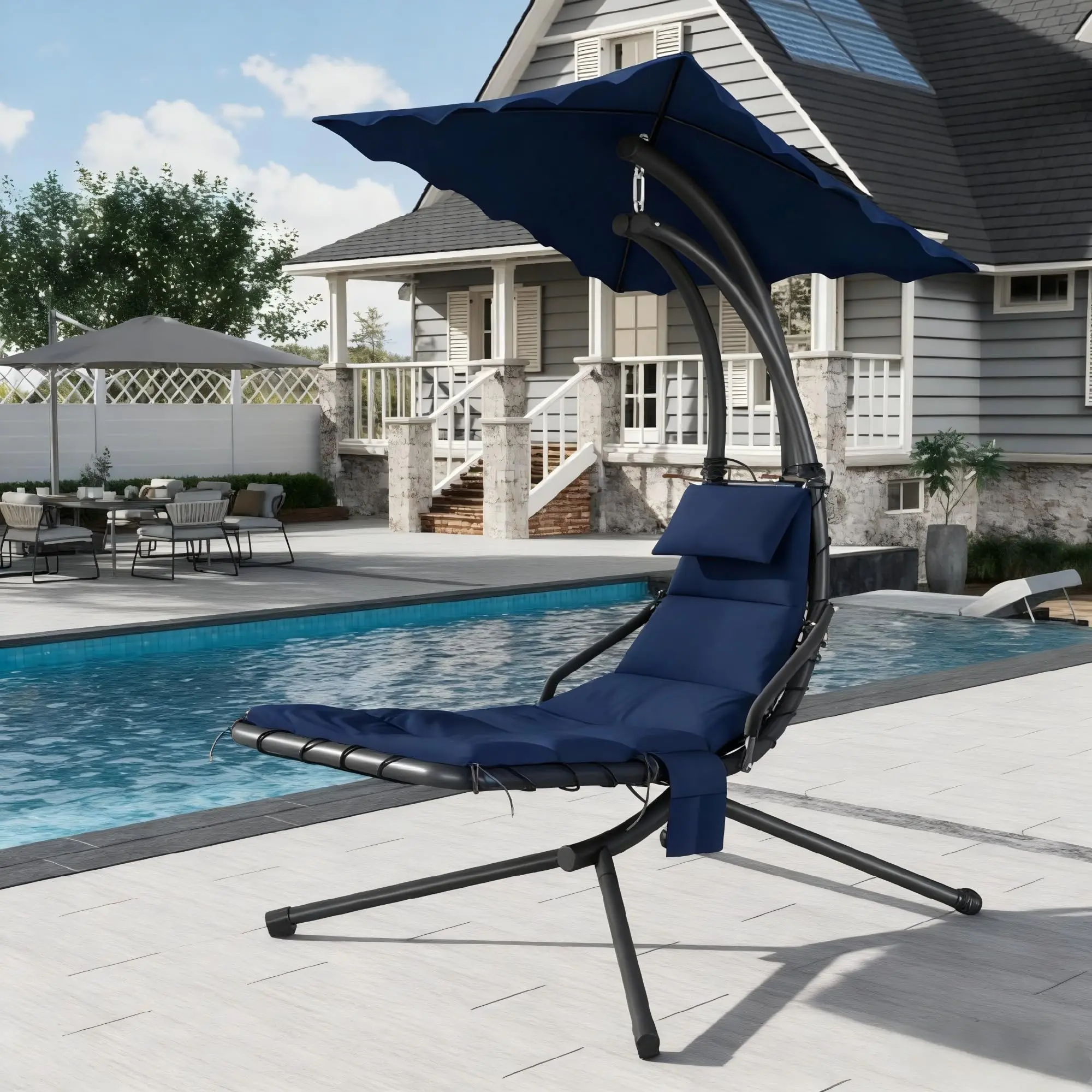 Relaxing Outdoor Hanging Chaise Lounge Swing Chair with Umbrella, Curved Steel Frame Hammock Lounger with Soft Cushion, Ideal for Patio Garden Poolside Backyard Porch,Blue