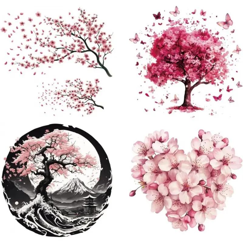 4 Pcs Cherry Theme Iron on Decals Patches, Japanese Style Cultural Flair Cherry Blossom Tree Branch Heart Cherry Heat Transfer Stickers Plastic Washable Patches for DIY Clothes Decor Backpacks Cover