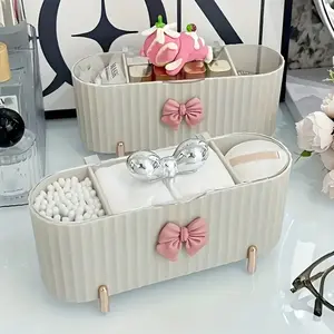 1pc 3-Grid Cosmetic Storage Box with Cute Bow Design Large Capacity Transparent Lid for Bathroom Vanity Organiser Ideal for Makeup & Skincare Tools Storage Lightweight & Durable Construction Perfect for Gifts Decoration