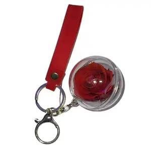 Valentines Keychain with Rose Inside, Red Leather Strap, Includes Keyring & Clip