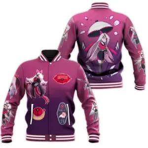 Angel Dust Hazbin Hotel Varsity Jacket, Gradient Anime Style Bomber With Bold Streetwear Graphics, Trendy Outerwear Gift For Dedicated Animation Fans