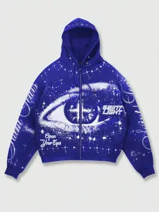 Men's zipper cardigan blue, starry eyed printed hoodie for both men and women, geometric aesthetic pattern color blue hoodie for men, zipper hoodie American retro hoodie European and American street style hoodie eye hot item