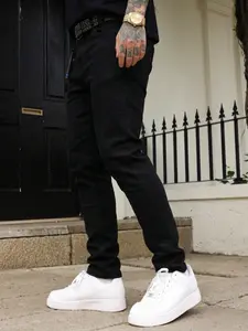 Men's Slim Fit Elastic Jeans Casual Style with Worn Details, Comfortable All Season Wear, Normal Fit Button Fly Closure