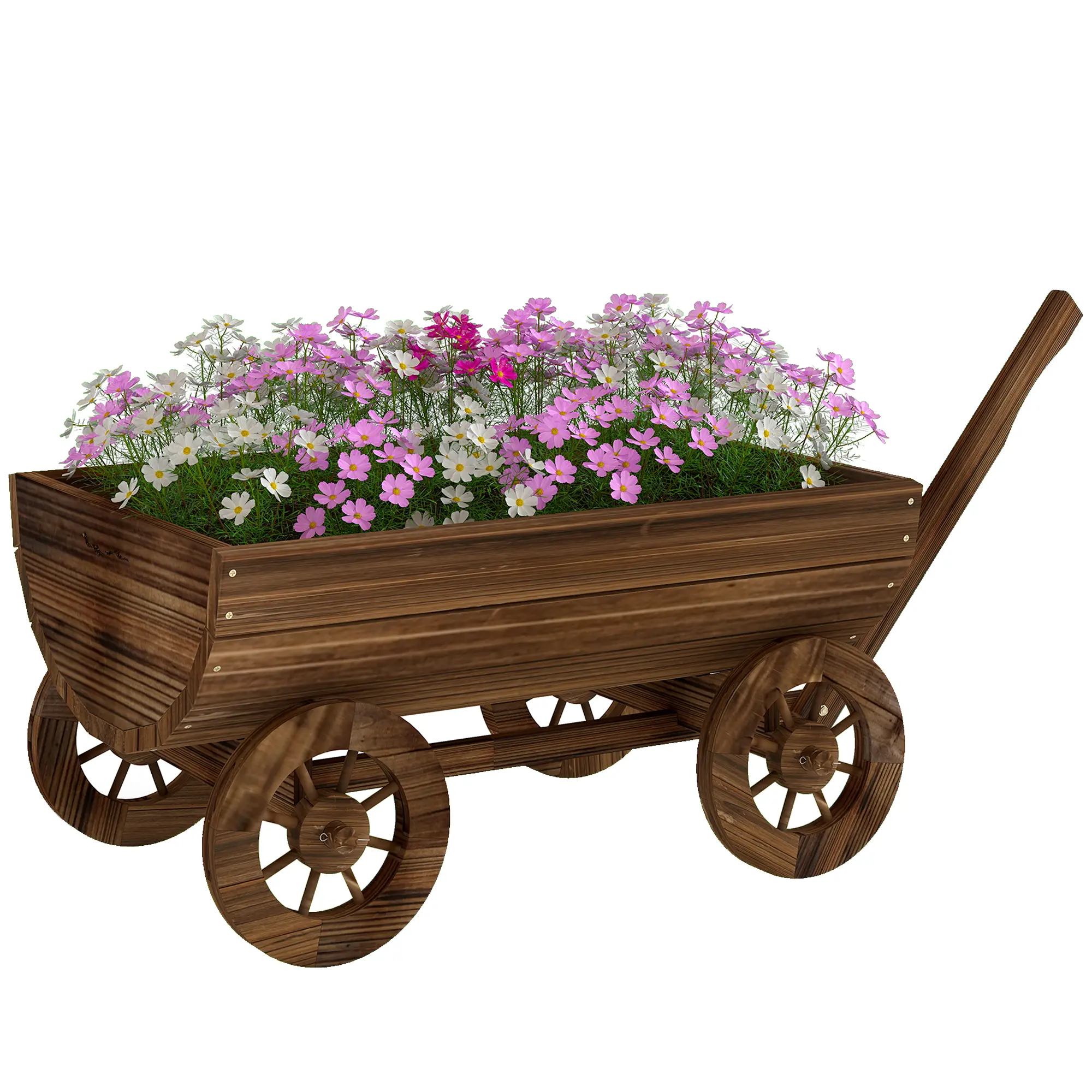 Wooden Wagon Planter Box – Mobile Garden Planter With 4 Wheels, Small Wheelbarrow Wagon Flower Cart With Drainage Hole. Rustic Farmhouse Charm, Natural Wood