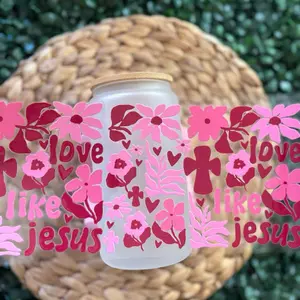 Love like Jesus UVDTF Cup Wrap with Pink Floral Design and Cross Motif for Religious Gifts