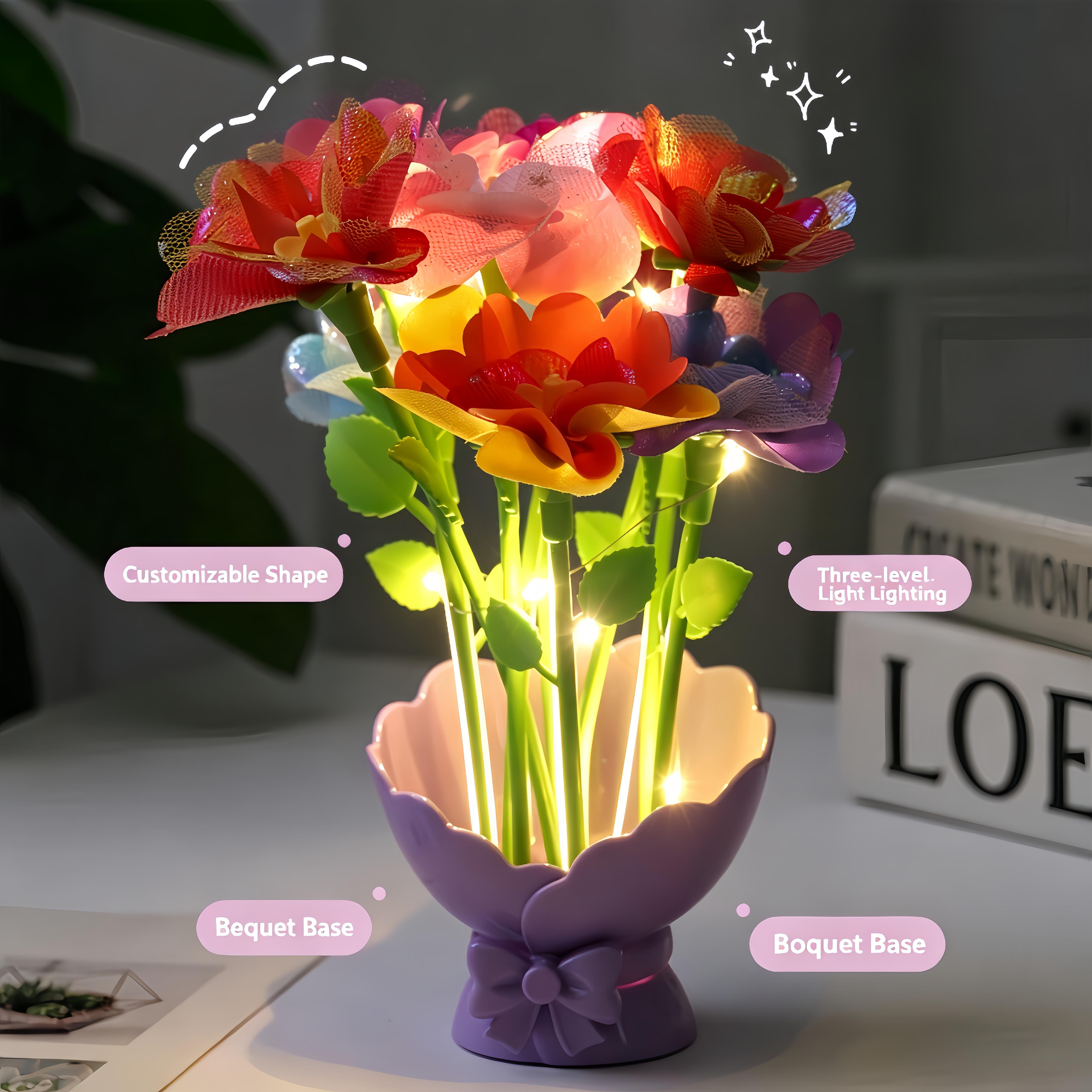 DIY Flower Bouquet Craft Kit for Kids Ages 4 8 Girl STEM Toy Press Machine with Reusable Petals Stems Glowing Flower Maker Creative Arts Crafts Educational Gift