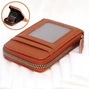 RFID Credit Card Wallet, RFID Blocking, Compact Size Genuine PU Leather Credit Card Holder Business, Zipper Wallet Card Organizer Case With 9 Card Slots 2Cash Slot