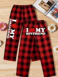"Trending Couples Matching Red Black Plaid Pajama Pants 'I Love My Girlfriend' 'I Love My Boyfriend' Graphic Print Soft Comfy Sleepwear Loungewear Bottoms for Valentines Day Anniversary Cute Couple Goals Casual Homewear Nightwear"