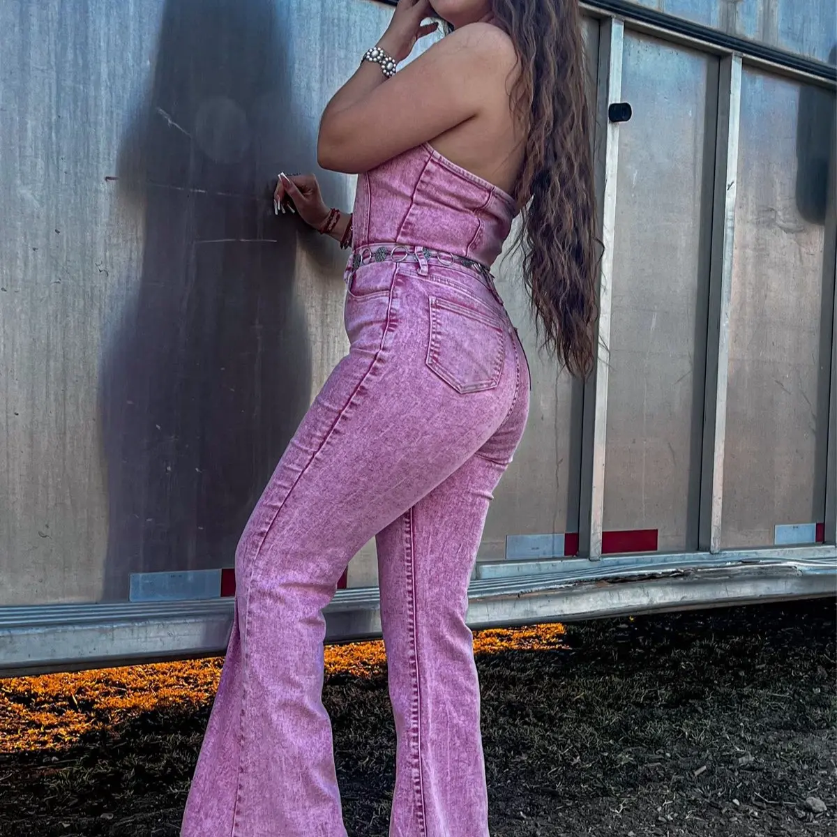 Pink denim jumpsuit