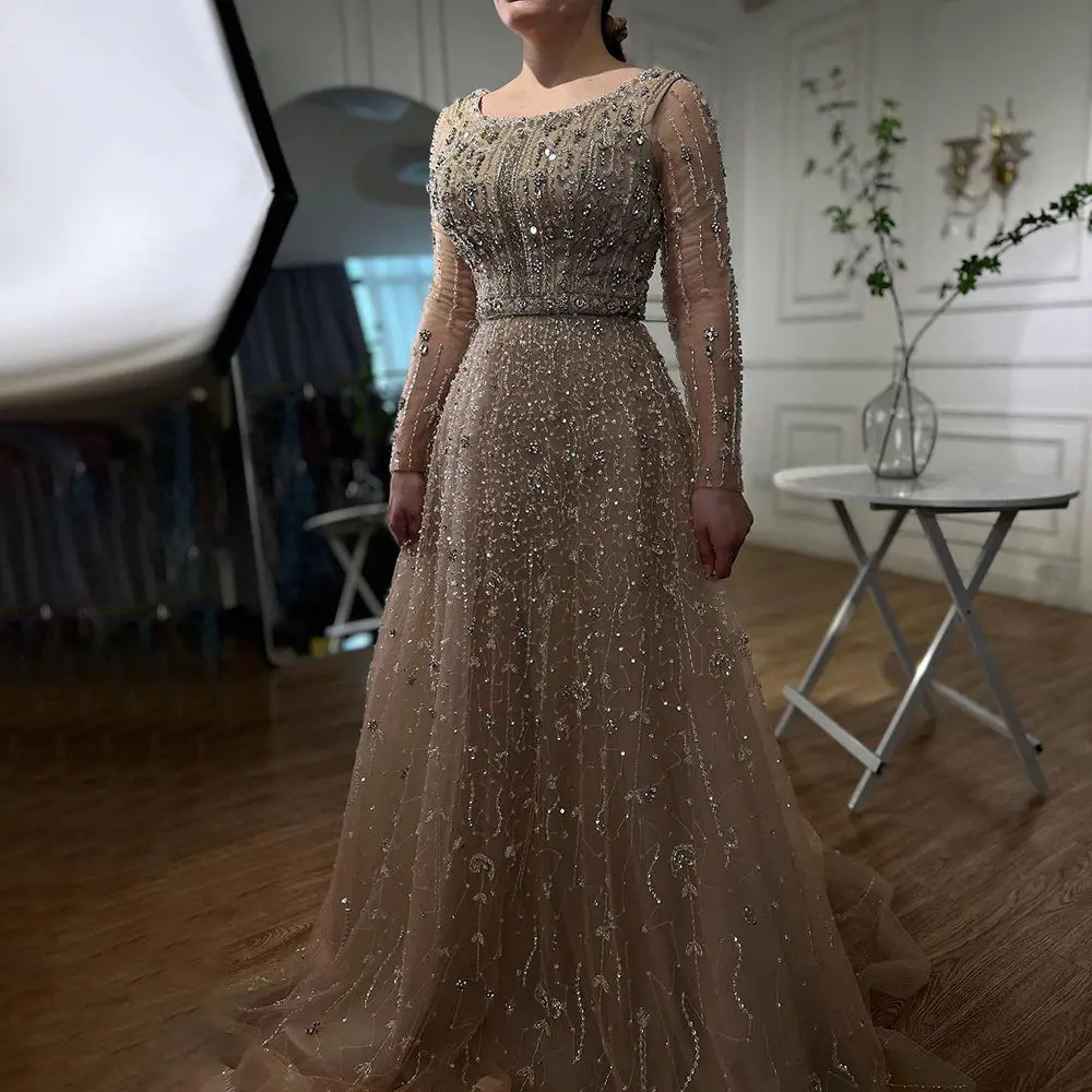 Dubai Arabic Designer Luxury Nude A-Line Beaded Evening Dress - Women's Wedding Party Gown (2025)
