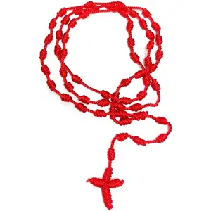 Handmade Rosary Cross Pendant Long Braided String Knotted Catholic Religion Adjustable Colorful Cord Rope Necklace Lucky Protection Keepsake Jewelry for Women Men