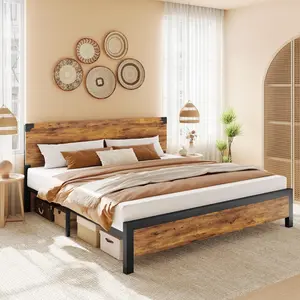 King Bed Frame With Wood Headboard-Underbed Storage-Metal Legs-No Box Spring Needed-Noise Free-Easy Assembly-Rustic Brown
