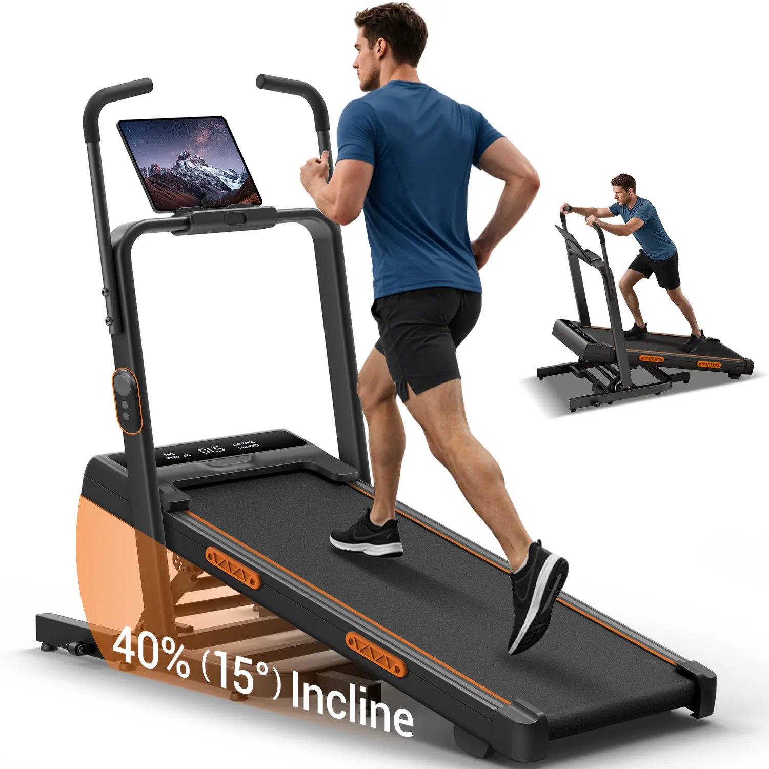 UMAYWalking Pad Treadmill  Incline 40% & Elevated Dual Handrails, Quiet 3HP Motor 7.5MPH Foldable Treadmill 350LBS Capacity Duty Reinforced Frame Space Saving, LED Display Remote & Suction Tablet Holder for Home Gym