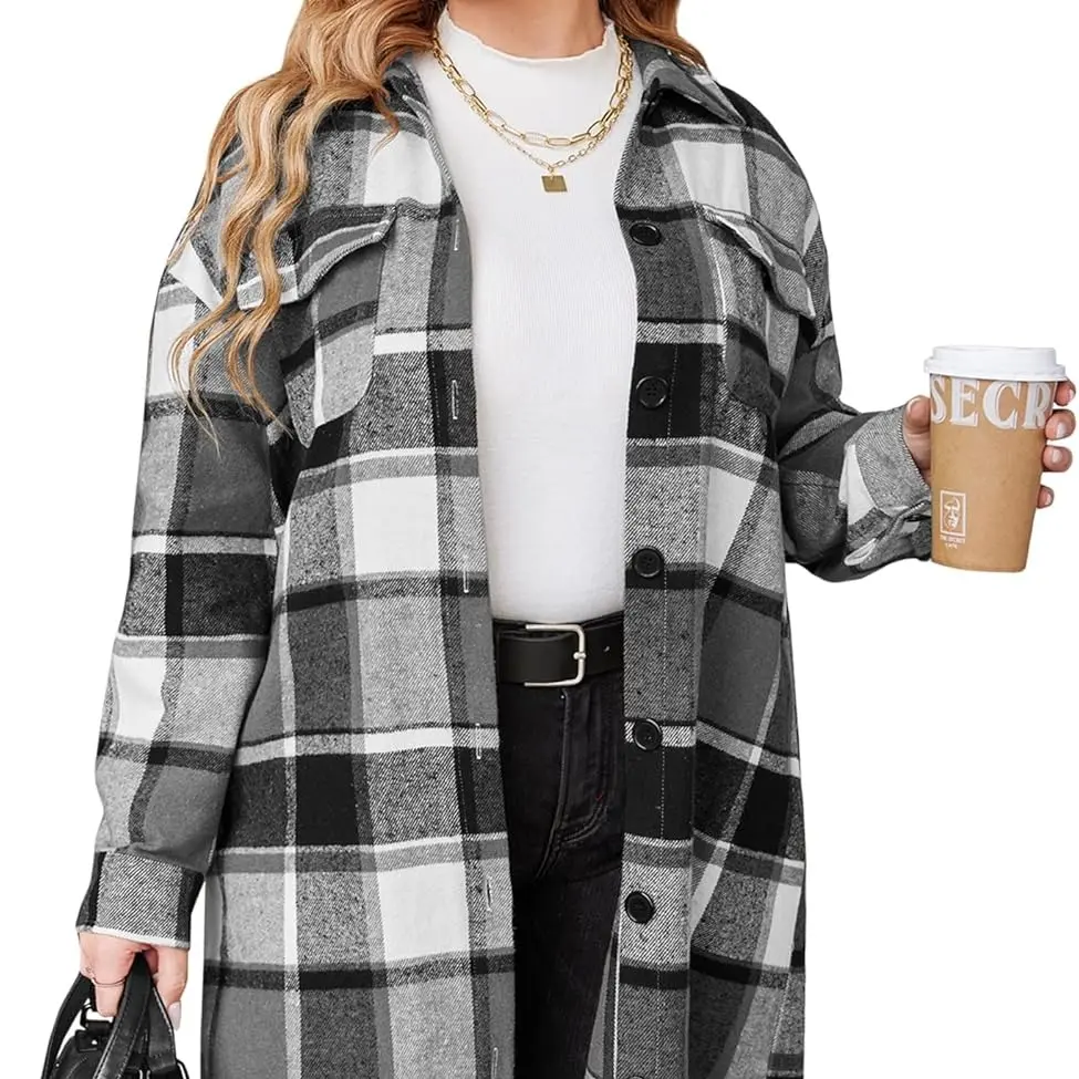 【Plus Size】IN'VOLAND Womens Flannel Plaid Shirts Long Sleeve Lounge Lapel Boyfriend Button Down Tartan Long Jacket Coats Womenswear Fabric Fashion Check Fit Lightweight Loose