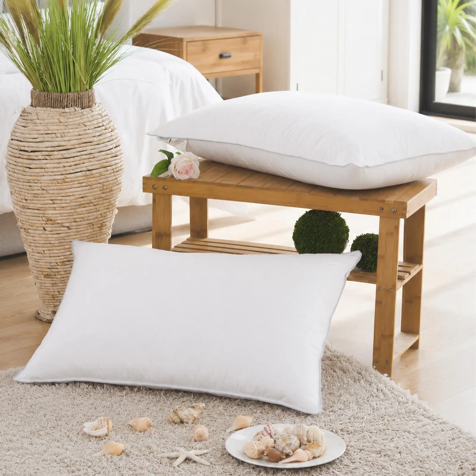 Goose Down Pillows 2 Pack – 50% Goose Feather down 50% 3D Pearl Cotton Mixed Fill,  Support for Back Side Sleepers, Breathable Machine Washable Bed Pillow