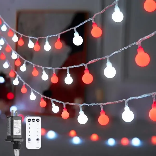 JMEXSUSS Connectable 100 LED Globe Red and White Christmas Lights Indoor | Globe String Lights Plug in with Remote, 33 ft 8 Modes Christmas Lights Outdoor for Bedroom Room Party Christmas Decor