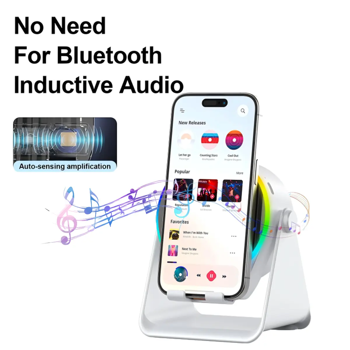 5-in-1 Bluetooth Speaker with Wireless Audio Induction RGB Light & 360° Rotating Phone Stand for iPhone Android Portable Smartphone Speaker Ideal Gift