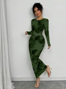 Elegant Gradient Ombre Long Sleeve Slim Fit Women's Dress, Bodycon Dresses, Womenswear, Spring & Fall Fashion, Stylish Long Dress, Perfect for Casual Wear