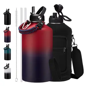 Insulated Water Bottle 128 oz - 32 40 64 128 oz Stainless Steel Water Bottles with Straw & Spout Lids, Paracord Handle, Carrier Bag with Strap, Protective Cup Mat, Keep Cold-48H & Hot-12H