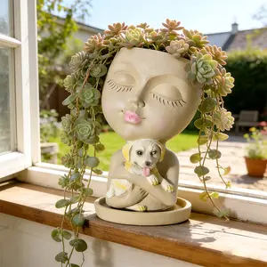 Creative Resin Flower Pot, Succulent Pot, Upgraded Face Planter Pots with Dog，Flower Vase with Drainage Hole,  Decorative Flower Vessel for Home Bedroom Garden Decor, Home Decor Pots, Indoor Plant Pots, Mother's Day/Women Gifts