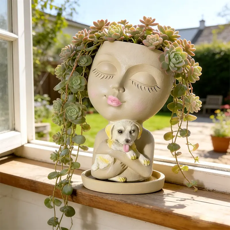 Creative Resin Flower Pot, Succulent Pot, Upgraded Face Planter Pots with Dog，Flower Vase with Drainage Hole,  Decorative Flower Vessel for Home Bedroom Garden Decor, Home Decor Pots, Indoor Plant Pots, Garden Planters, Mother's Day/Women Gifts
