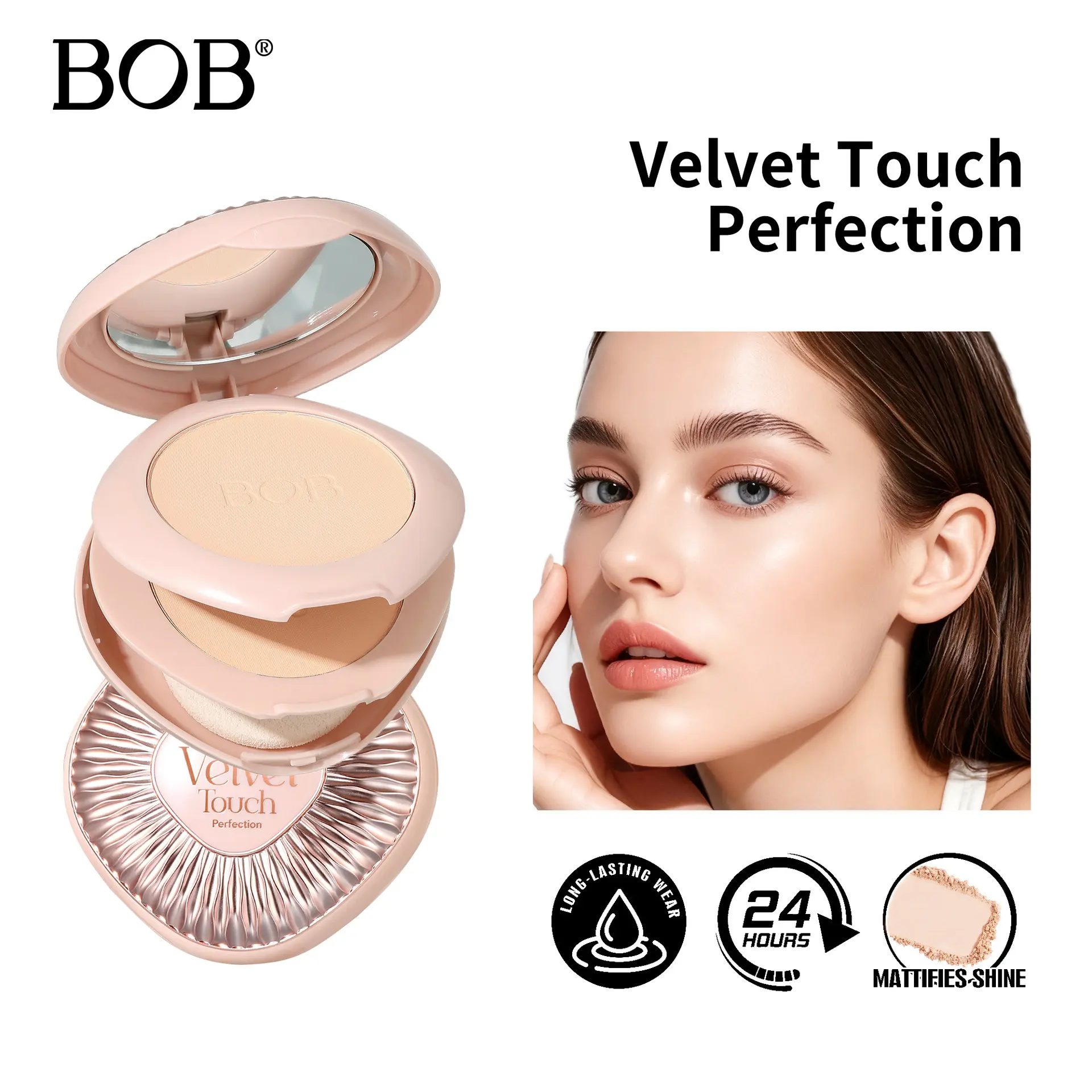 BOB Dual-Layer 2-in-1 Pressed Setting Powder,  Soft-Focus Blurring & Full Coverage Concealer,  24HR Oil-Control Matte Finish Compact,  Lightweight Waterproof Velvet Texture,  Pore-Minimising Long-Lasting Formula
