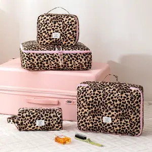 4-Piece Leopard Print Travel Storage Set, Waterproof Large Capacity Bags, Multi-Size Pouches with Handles, Ideal for Travel and Home Use