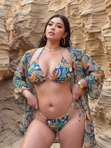 Plus Size Random Print Bikini Set, Boho Fashion Swimsuit for Beach Holiday Vacation, Women's Swimwear for All Seasons