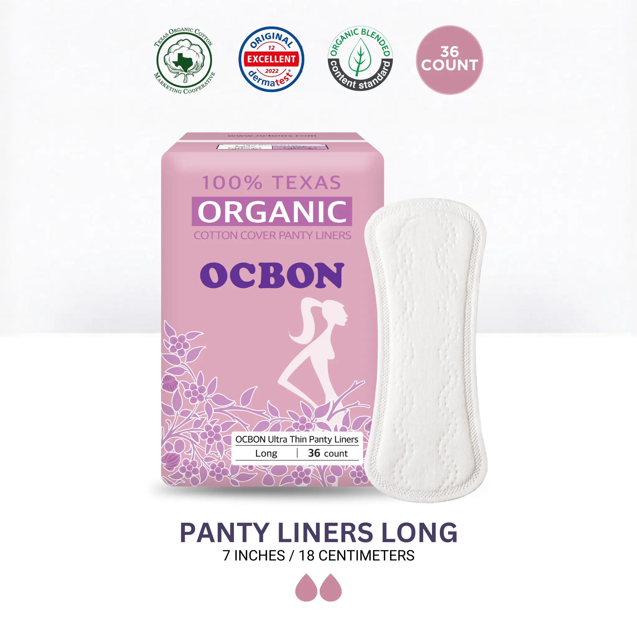 [OCBON] 100% Organic Cotton Panty Liners (Long, 36 Count) - 100% Organic Cotton, Ultra Soft, Comfortable, Thin, Unscented. Premium Quality