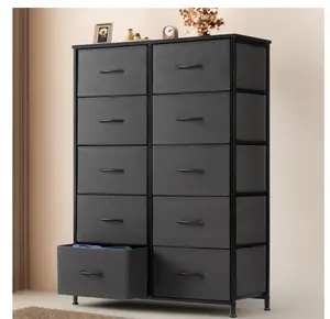 Dresser for Bedroom with 10 Drawers, Tall Chest Organizer with Fabric Bins, Freestanding Storage Cabinet, Grey