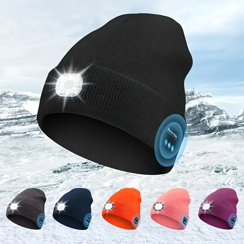 Bluetooth Beanie with Light, Music, Hiking Hat, Beanie Hats, Unisex USB Rechargeable 4 LED Fashlight Hat with Cordless Headphones, Christmas Birthday Gifts for Men Knit Balaclava Outdoor Activities Cap Cycling Lightweight Sweat, Christmas