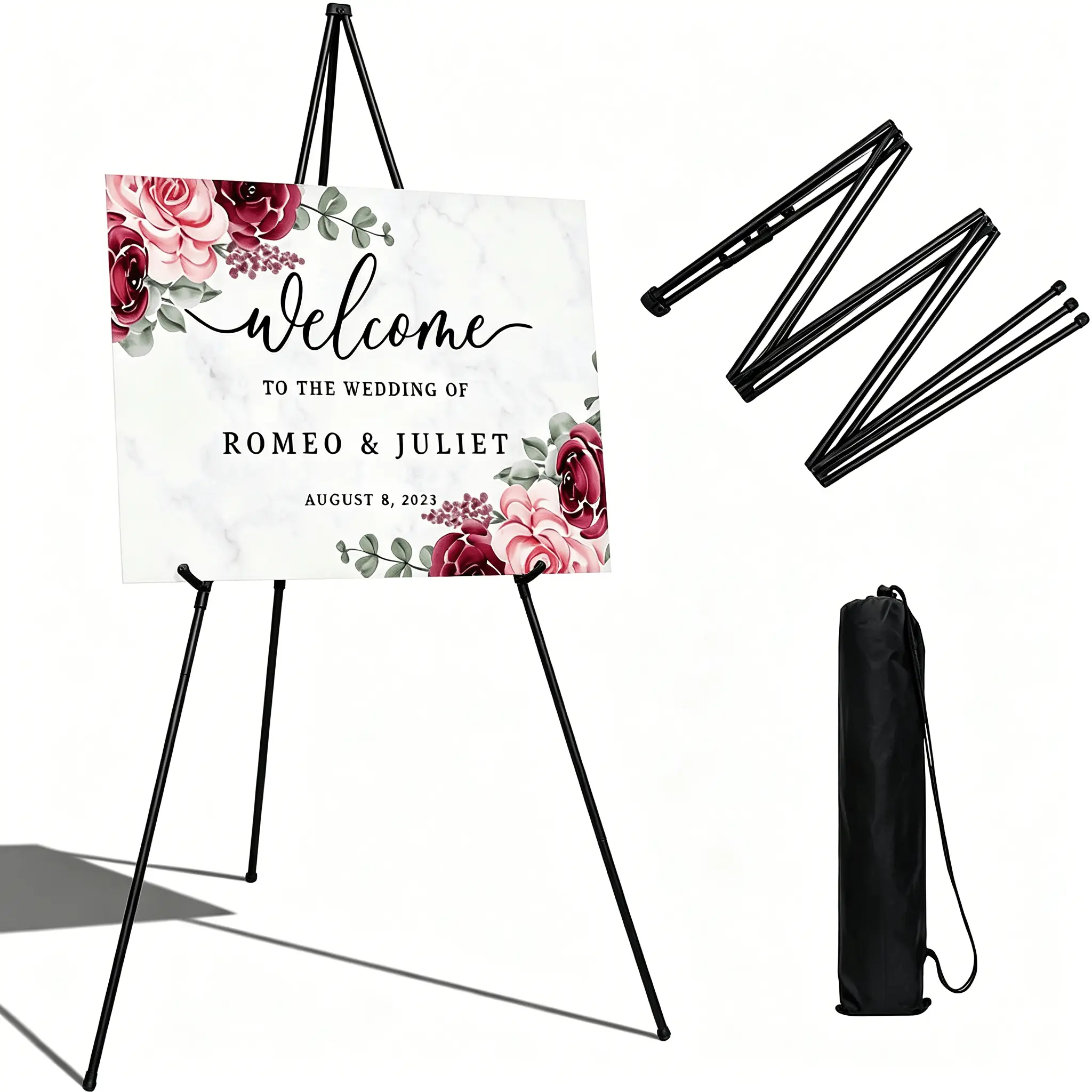 Portable Foldable Metal Tripod Easel Stand, Height Adjustable Floor Display Sign Holder with Smooth Sliding Clips and Non-Slip Rubber Feet, Lightweight Freestanding Poster Rack for Wedding Welcome Board, Engagement Party, Available in Matte White & Black