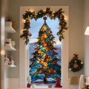 Colorful Glass Christmas Tree Window Sticker, Static Cling PVC Decor, Modern Home Decoration, Warm Lighting, Greenery Decoration, Perfect Holiday Display