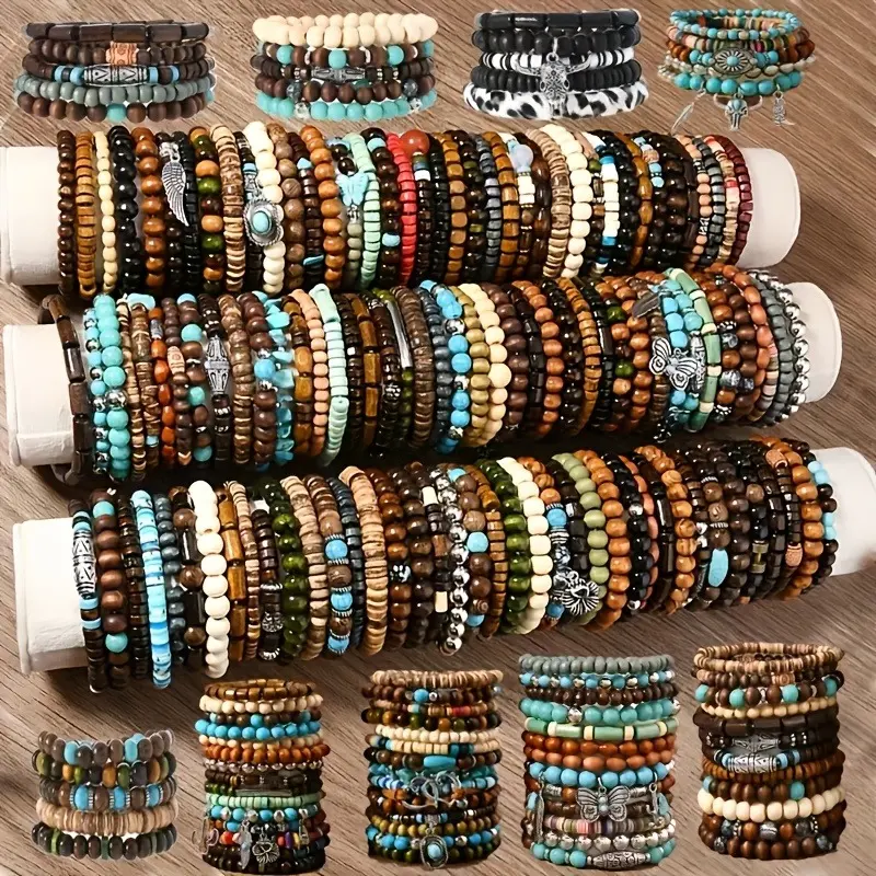 Women's Boho Style Bracelet Stacks - 24/36Pcs Multi-Layer Stretch Bands, Beaded Layers, Wooden Beads, Turquoise & Coconut Shell Decor, Casual Fashion Gift (Random Assorted Colors) Bangles Set, Bangles Bracelets Set, Turquoise Accents, Arm Candy Accessorie