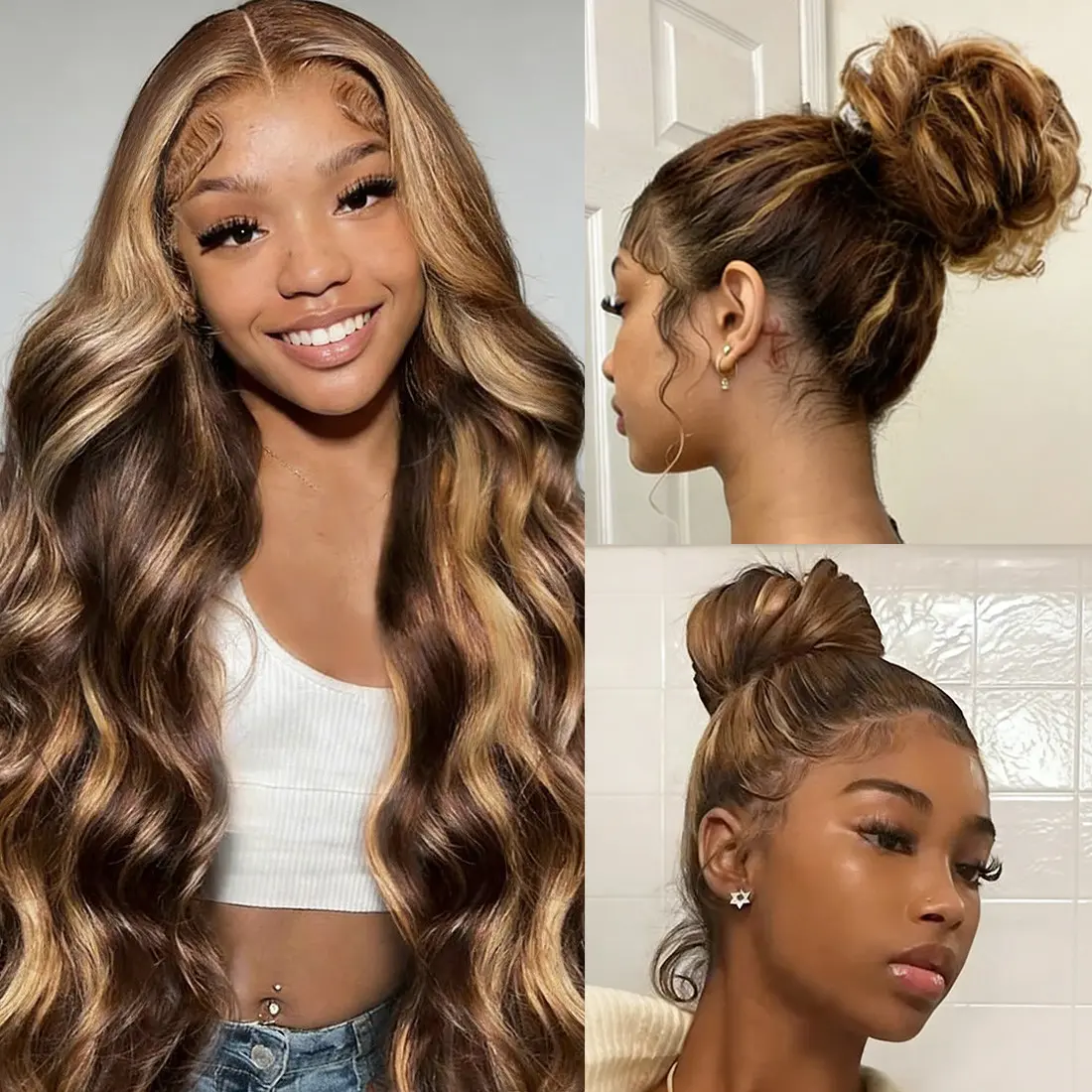 360 Lace Front Wigs Human Hair 200 Density 4/27 Honey Blonde Body Wave 100% Human Hair Wig for Women Drawstring Wig Ombre Highlight Full Lace Wigs Pre Plucked Can Make High Ponytail and Updo Bun Hair Style Can be Straightened and Curled 3× Lifespan