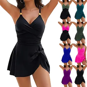 Women's Tummy Control Swim Dress | Twist Front Skirted Swimsuit with Side Bow for Pool & Beach