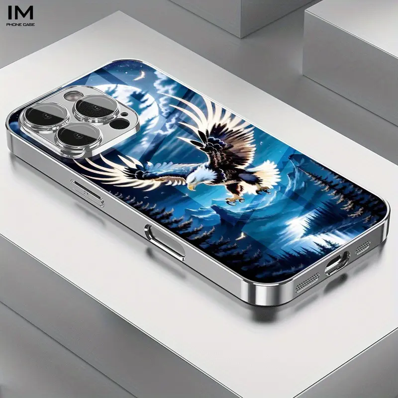 Silicone + Glass Handheld Smartphone Case for iPhone 11-17 Pro/Pro Max/Plus, Moonlight Eagle Landscape Art Print, Electroplated Lens Protection, Screen Protector, Stylish Simple Tech Accessory