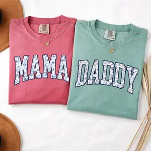 Mama Daddy Matching Shirts, Cute Mom Dad Floral Patchwork Graphic Tee, Family Matching Outfit, Gift For Mom Dad, Mother’s Day Father’s Day Gift, Trendy Aesthetic Couple Shirt, Soft Cotton, Made In USA, For Women Men Youth & Adult