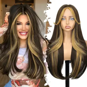 ONLYCUTE Ombre Light Brown With Blonde Glueless Wigs for Women Pre Cut Synthetic Lace Hairline Long Layered Straight Hairstyle 24 Inch