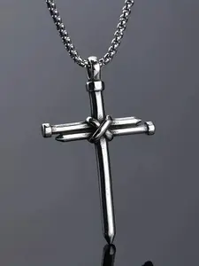 Men's Gothic Cross Pendant Necklace, Punk Style Iron Nail Design, Stainless Steel Chain, Halloween Gift, Casual All-Season Jewelry