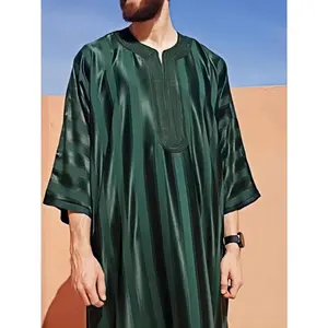 Men’s striped embroidered long-sleeved robe, loose and comfortable three-quarter-sleeved robe, high-end traditional Islamic (Tobe) clothing for spring and autumn GARMENTARY