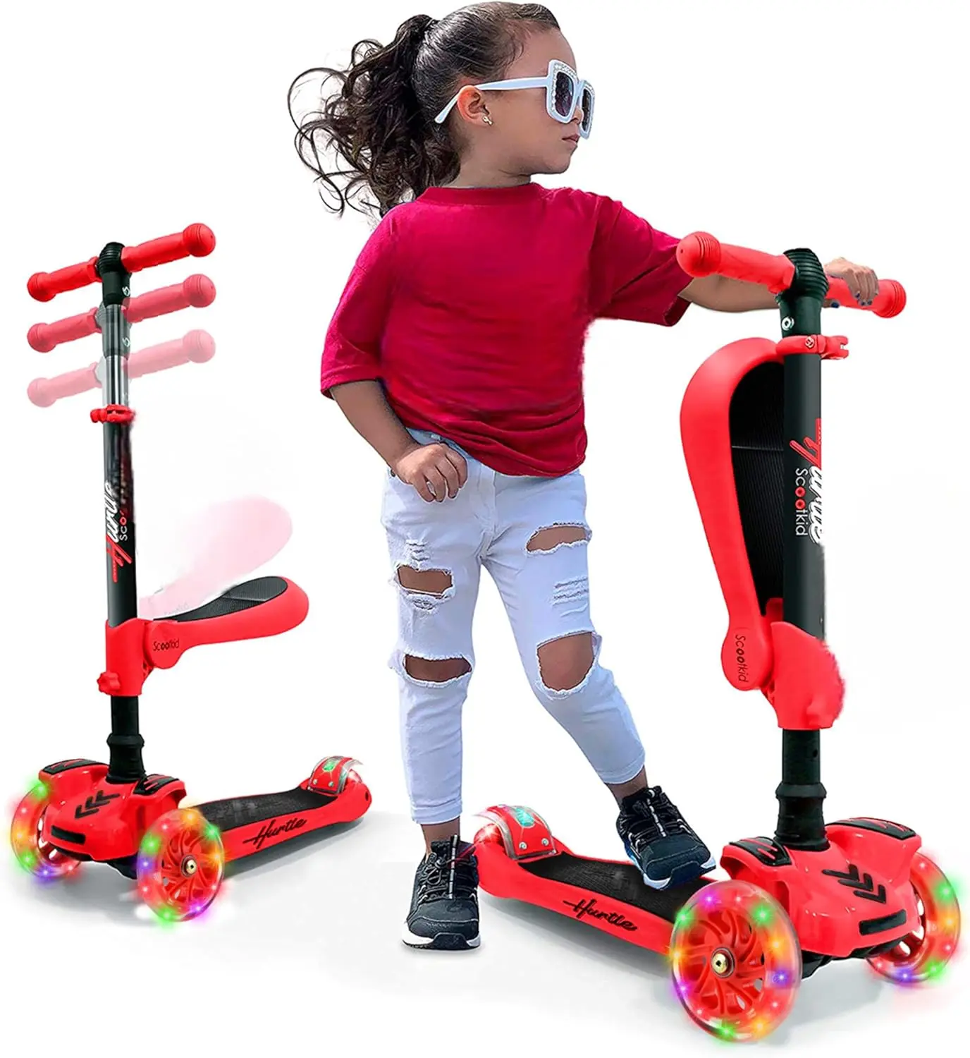 Mini Kids Scooter - Red | 3-Wheel Kick Scooter with Sit or Stand with Removable Fold-Out Seat - Adjustable Height, LED Wheels, Anti-Slip Deck & Lean-to-Steer Technology - Portable Toddler Scooter for Indoor & Outdoor Play