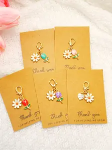 5pcs Tulip Heart Thank You Pendants, Versatile Accessory, Zinc Alloy Keychain, Floral Pattern, Party Gift, Heartfelt Gift, Birthday, Christmas, Special Occasions, Set of Five