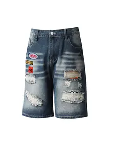 Men's Streetwear Ripped Embroidered Denim Shorts, Comfortable Daily Wear, Fashion Trendy Design, Perfect for Everyday Life