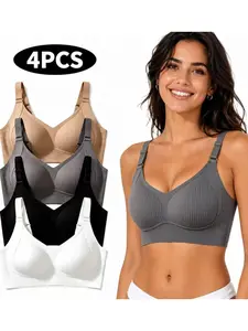 Women's 4-Pack Seamless Push-Up Bralettes - Comfortable Deep V Everyday T-Shirt Bras, Minimalist Unlined Balconette B-Cup Lingerie with Wide Support for Pregnancy, All-Season Breathable Adjustable Undergarment Womenswear u cup bra,strapless bra full lift